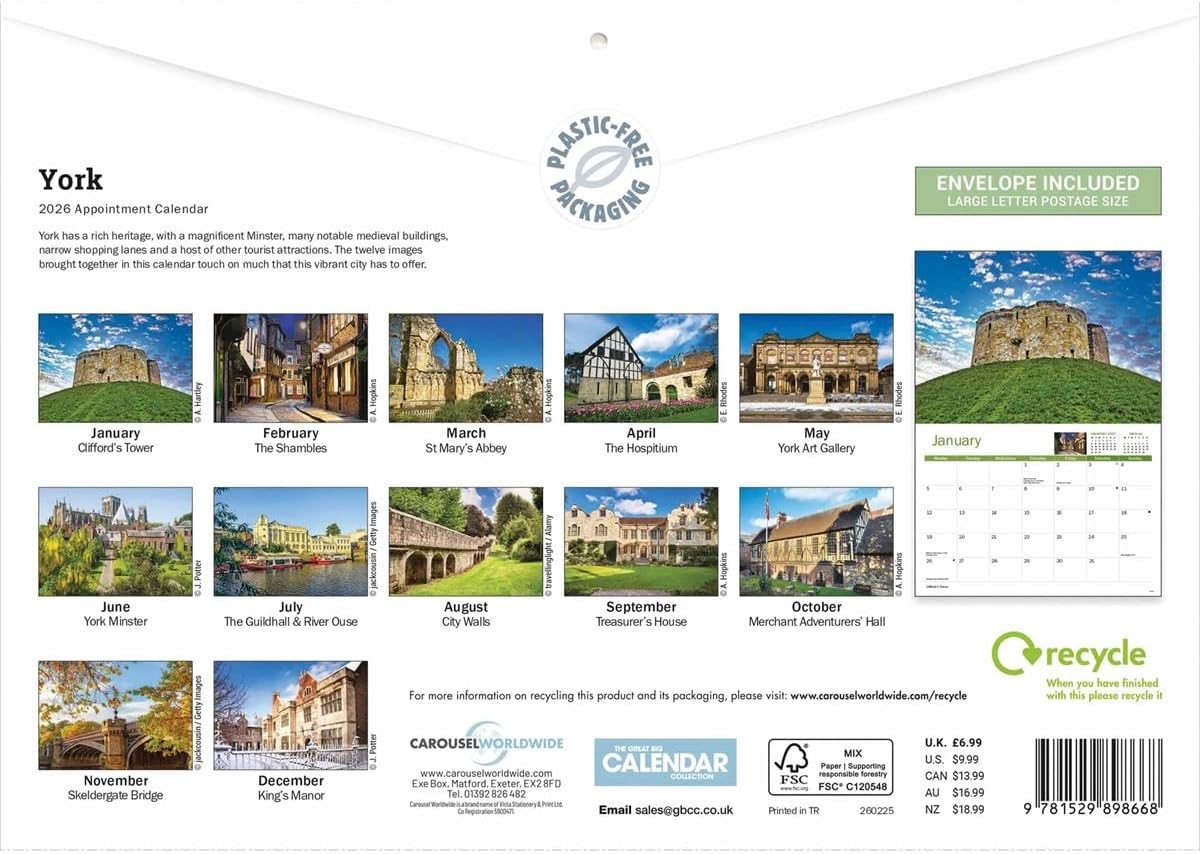 York 2026 A4 Wall Calendar
