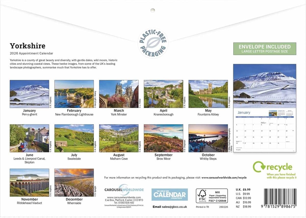 Yorkshire 2026 A4 Wall Calendar