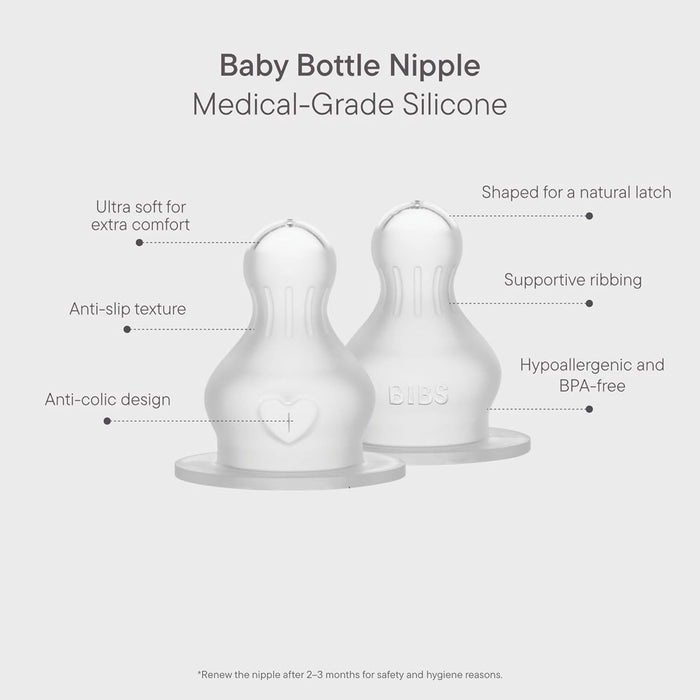 BIBS Bottle Nipple 2-Pack. Anti-Colic. Extra nipples for BIBS Baby Bottles. Round Nipple. - Silicone, Fast Flow