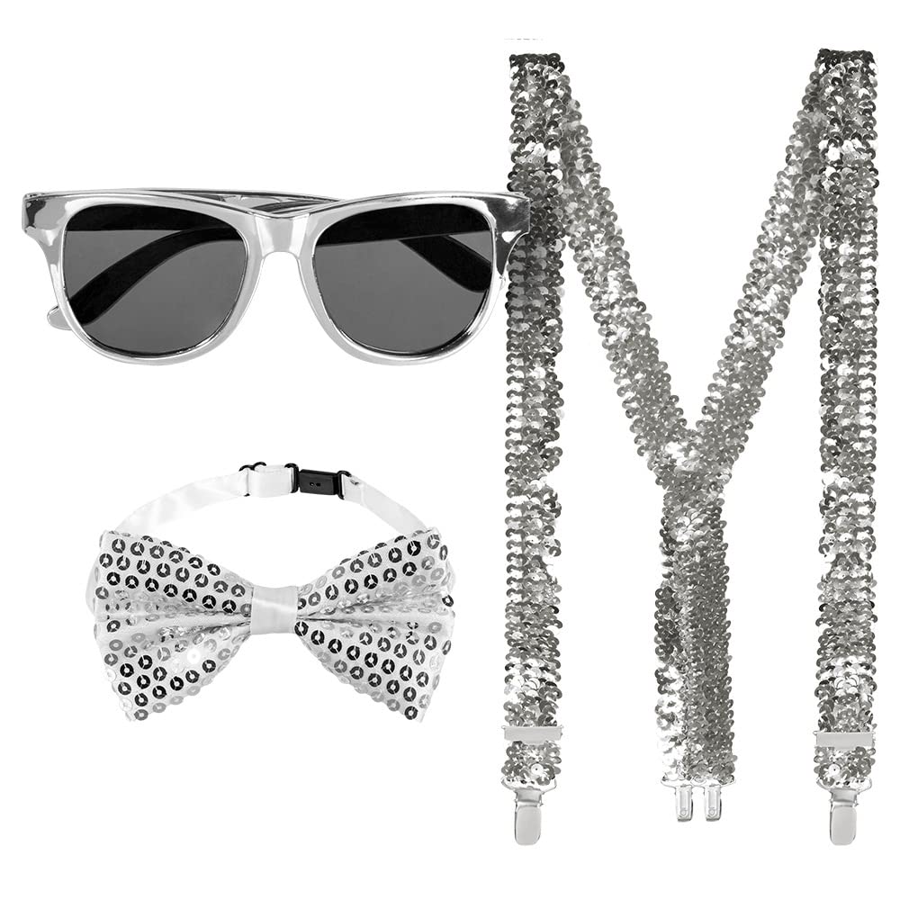 Boland - Party Accessoires im Set, 3-teilig, Brille, Fliege und Hosenträger, glänzende Pailletten, Kostüm-Zubehör, Karneval, Silvester, Mottoparty