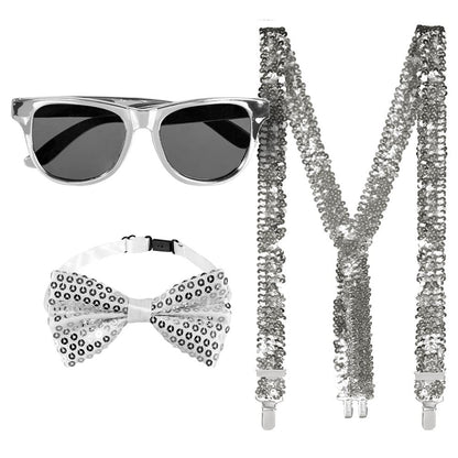 Boland - Party Accessoires im Set, 3-teilig, Brille, Fliege und Hosenträger, glänzende Pailletten, Kostüm-Zubehör, Karneval, Silvester, Mottoparty