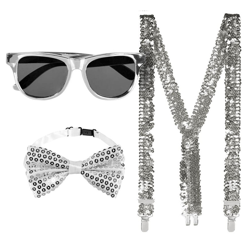 Boland - Party Accessoires im Set, 3-teilig, Brille, Fliege und Hosenträger, glänzende Pailletten, Kostüm-Zubehör, Karneval, Silvester, Mottoparty