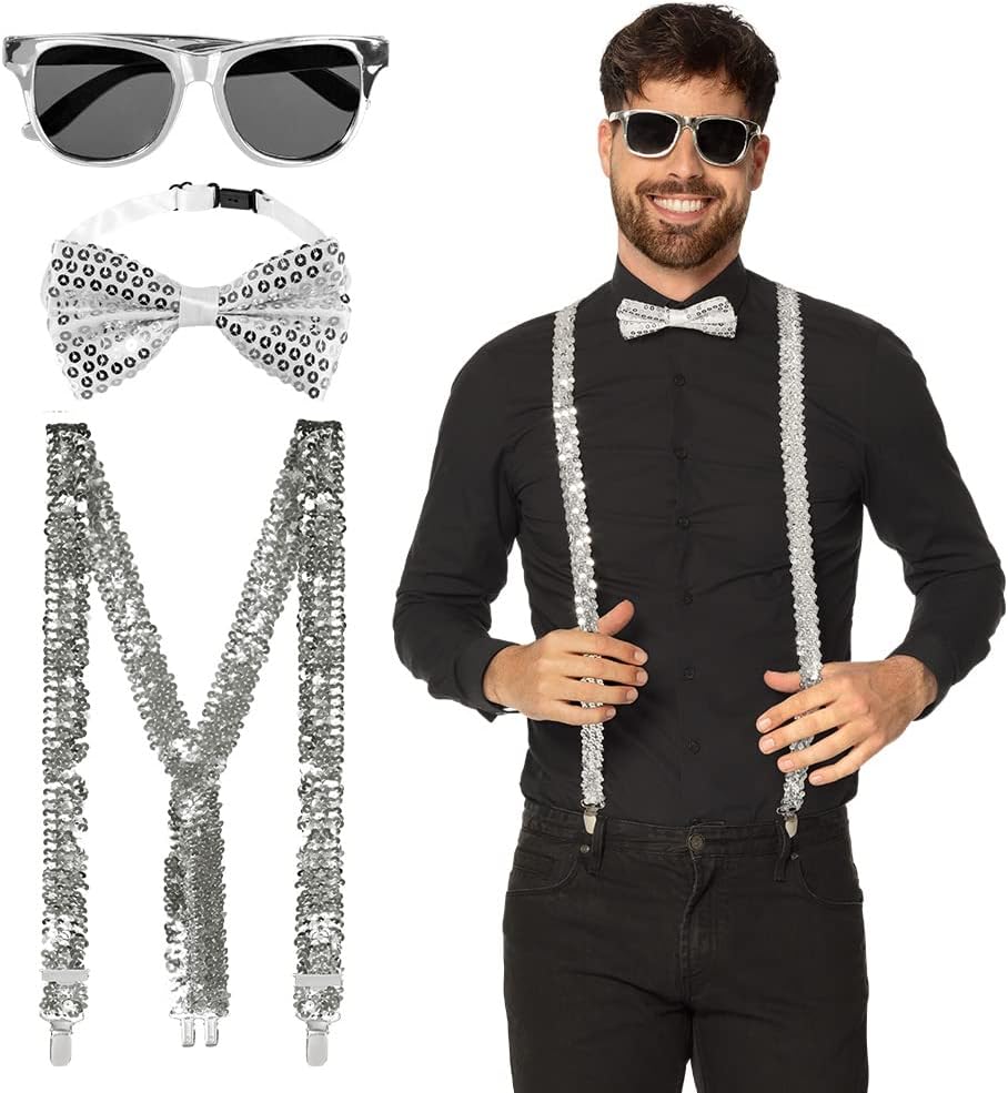 Boland - Party Accessoires im Set, 3-teilig, Brille, Fliege und Hosenträger, glänzende Pailletten, Kostüm-Zubehör, Karneval, Silvester, Mottoparty