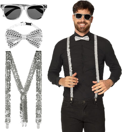 Boland - Party Accessoires im Set, 3-teilig, Brille, Fliege und Hosenträger, glänzende Pailletten, Kostüm-Zubehör, Karneval, Silvester, Mottoparty