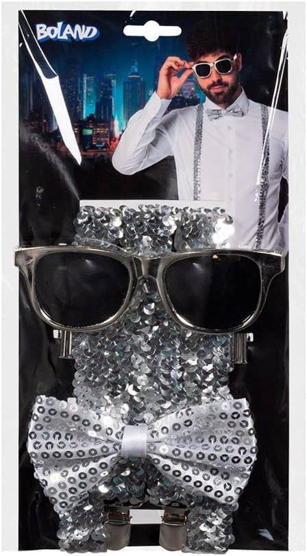 Boland - Party Accessoires im Set, 3-teilig, Brille, Fliege und Hosenträger, glänzende Pailletten, Kostüm-Zubehör, Karneval, Silvester, Mottoparty