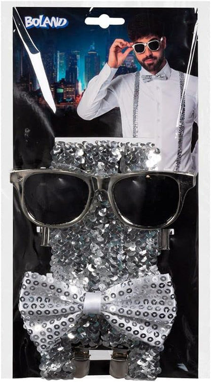 Boland - Party Accessoires im Set, 3-teilig, Brille, Fliege und Hosenträger, glänzende Pailletten, Kostüm-Zubehör, Karneval, Silvester, Mottoparty