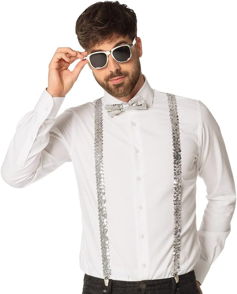 Boland - Party Accessoires im Set, 3-teilig, Brille, Fliege und Hosenträger, glänzende Pailletten, Kostüm-Zubehör, Karneval, Silvester, Mottoparty