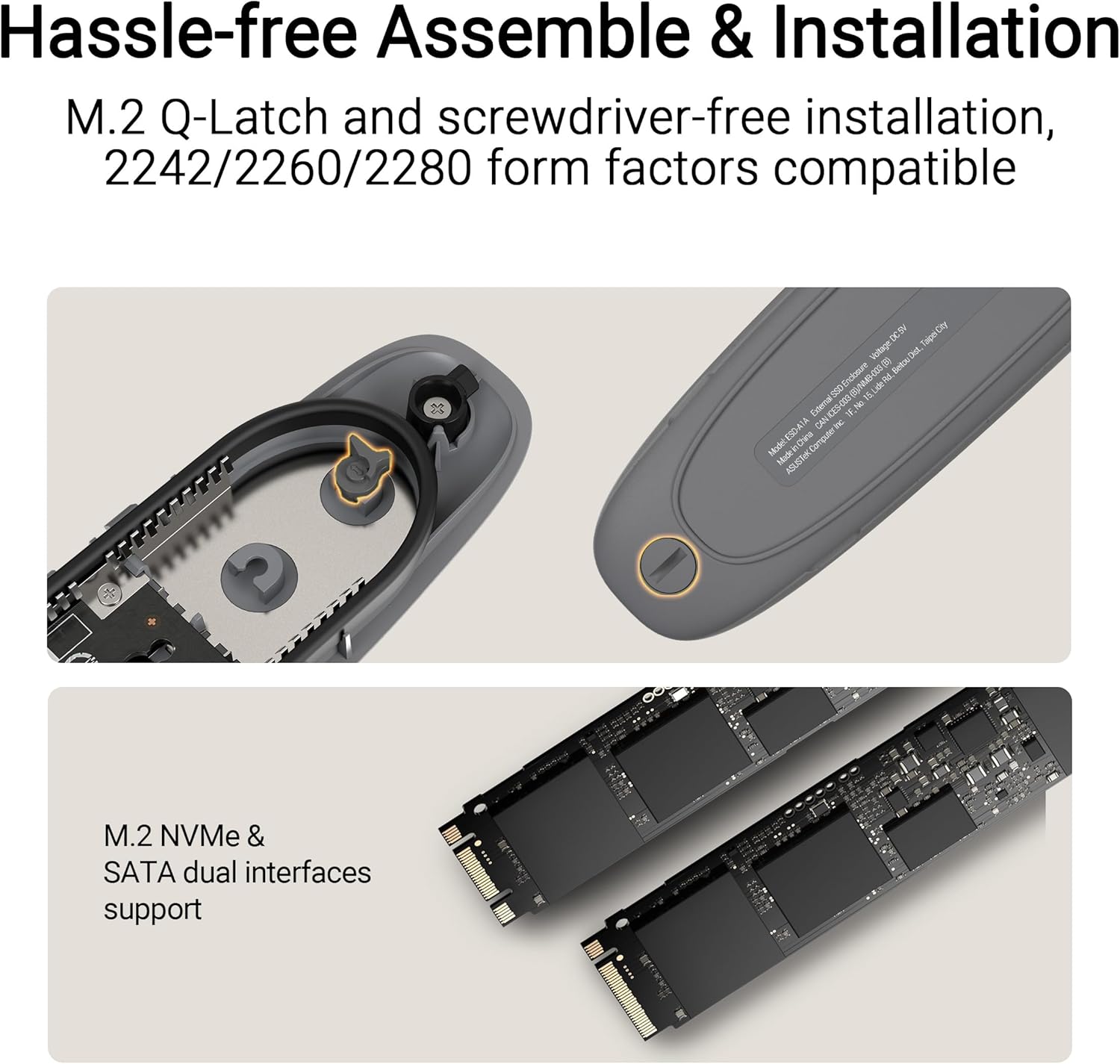 ASUS Cobble - Custodia per SSD USB-C 3.2 Gen 2x1, Velocità fino a 10Gbps, Doppia Interfaccia M.2 NVMe PCIe e SATA, M.2 Q-Latch, Impermeabile e Antipolvere, Compatibile con Windows e macOS