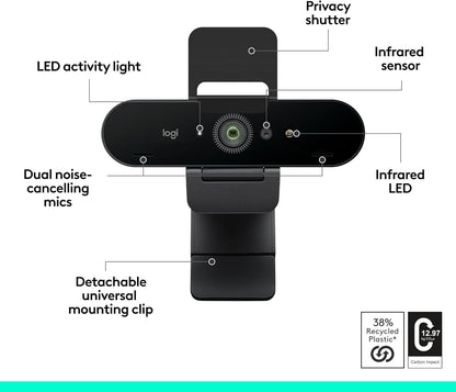 Logitech Brio 4K Webcam for Business, biometrics login with Windows Hello, auto-light correction, noise-cancelling, Works with Microsoft Teams, Zoom, Google Meet, PC/Mac - Graphite