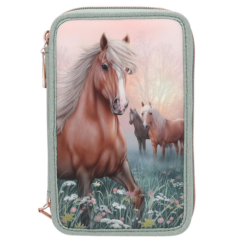 Miss Melody - Triple Pencil Case Romantic Fields - Glittery Sage-Green