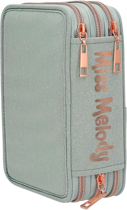 Miss Melody - Triple Pencil Case Romantic Fields - Glittery Sage-Green