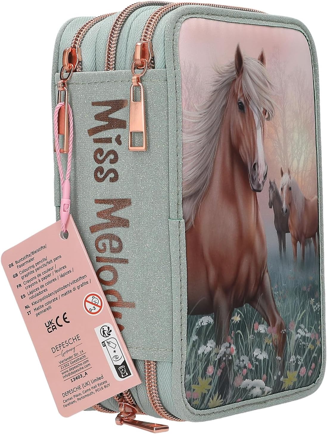 Miss Melody - Triple Pencil Case Romantic Fields - Glittery Sage-Green