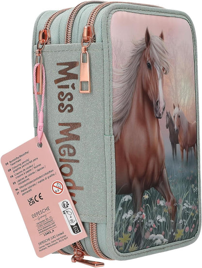 Miss Melody - Triple Pencil Case Romantic Fields - Glittery Sage-Green