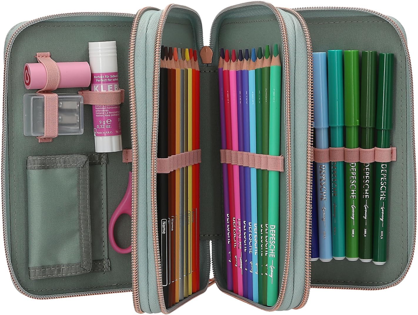Miss Melody - Triple Pencil Case Romantic Fields - Glittery Sage-Green