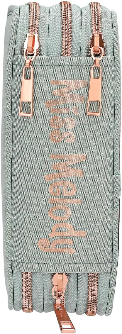 Miss Melody - Triple Pencil Case Romantic Fields - Glittery Sage-Green