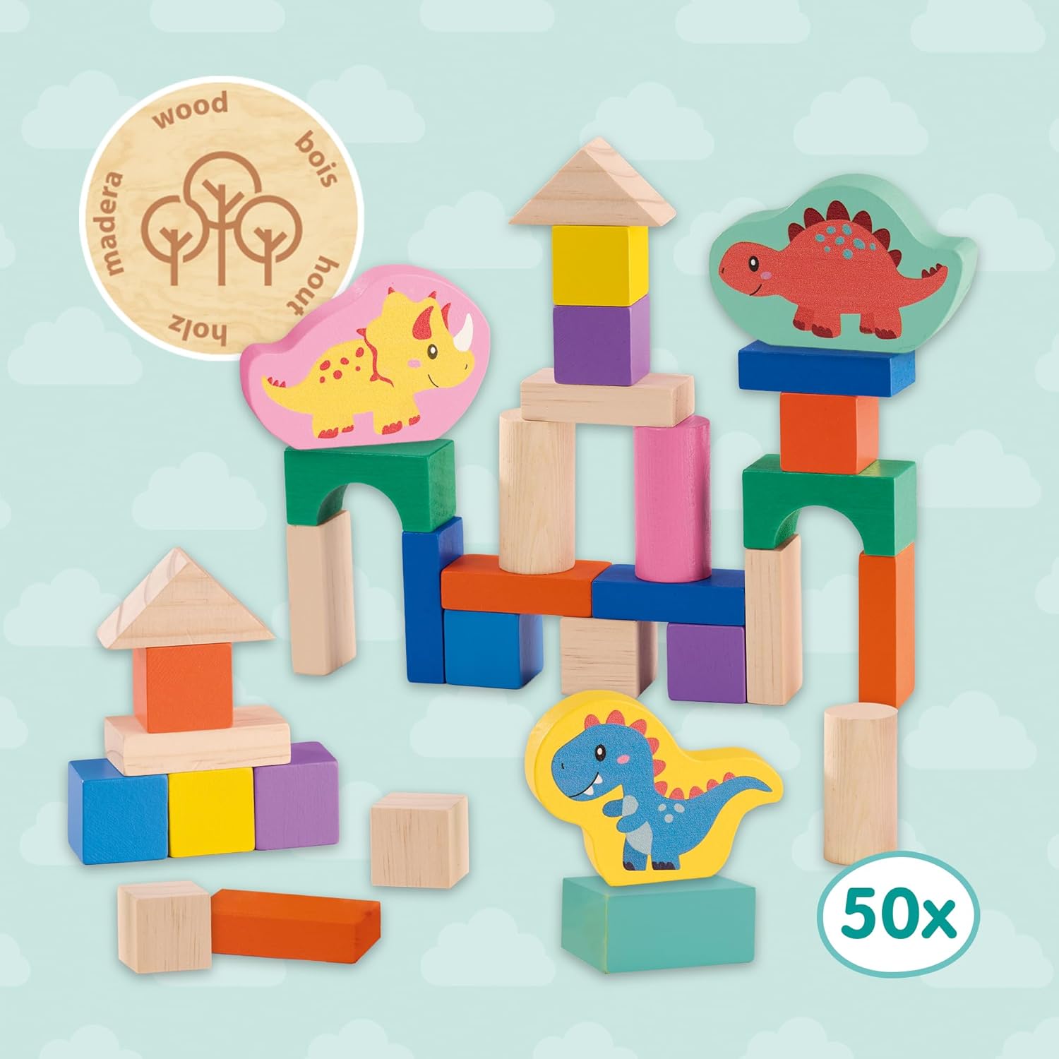 SES Creative 13204 Houten bouwstenen om te stapelen, dinosaurus-emmer, 50 delen