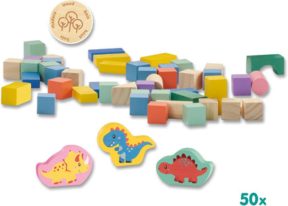 SES Creative 13204 Houten bouwstenen om te stapelen, dinosaurus-emmer, 50 delen
