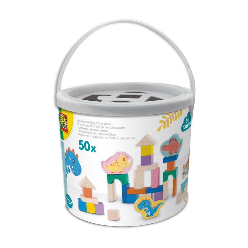 SES Creative 13204 Houten bouwstenen om te stapelen, dinosaurus-emmer, 50 delen