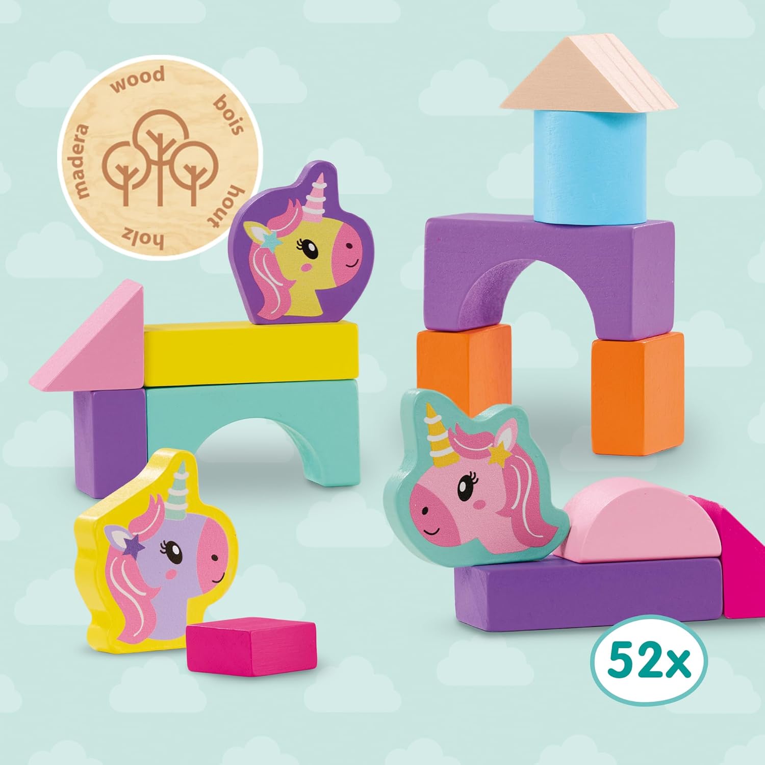 SES Creative 13251 Houten bouwstenen om te stapelen eenhoorn 52 delen
