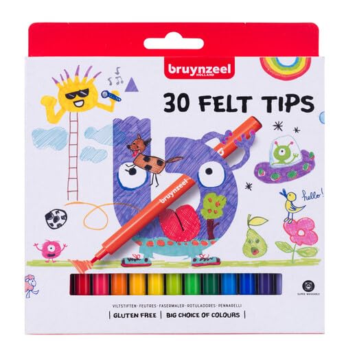Bruynzeel Kids - Set di 30 colori con punta a feltro - Inchiostro lavabile a base d'acqua - Custodia in plastica - Sicuro per i bambini e senza glutine