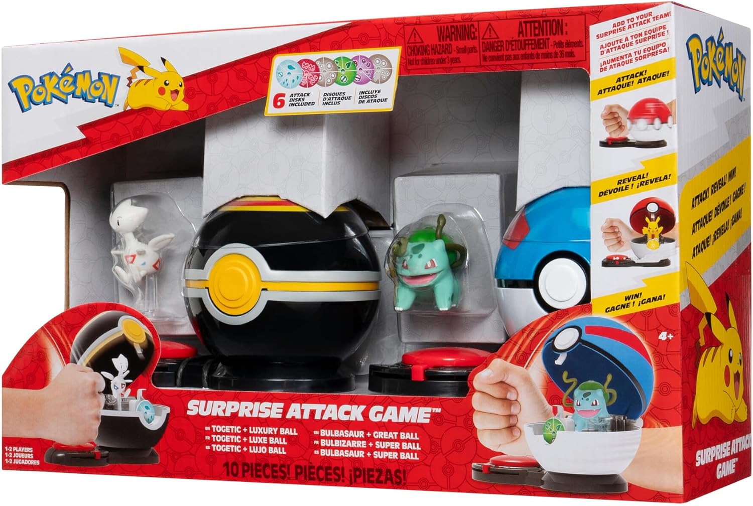 Pokémon Juego Surprise Attack Game Togetic with Stand & Bulbasaur #4 with Luxury Ball & Great Ball - Fairy, Flying, Poison, Grass Disks - W4