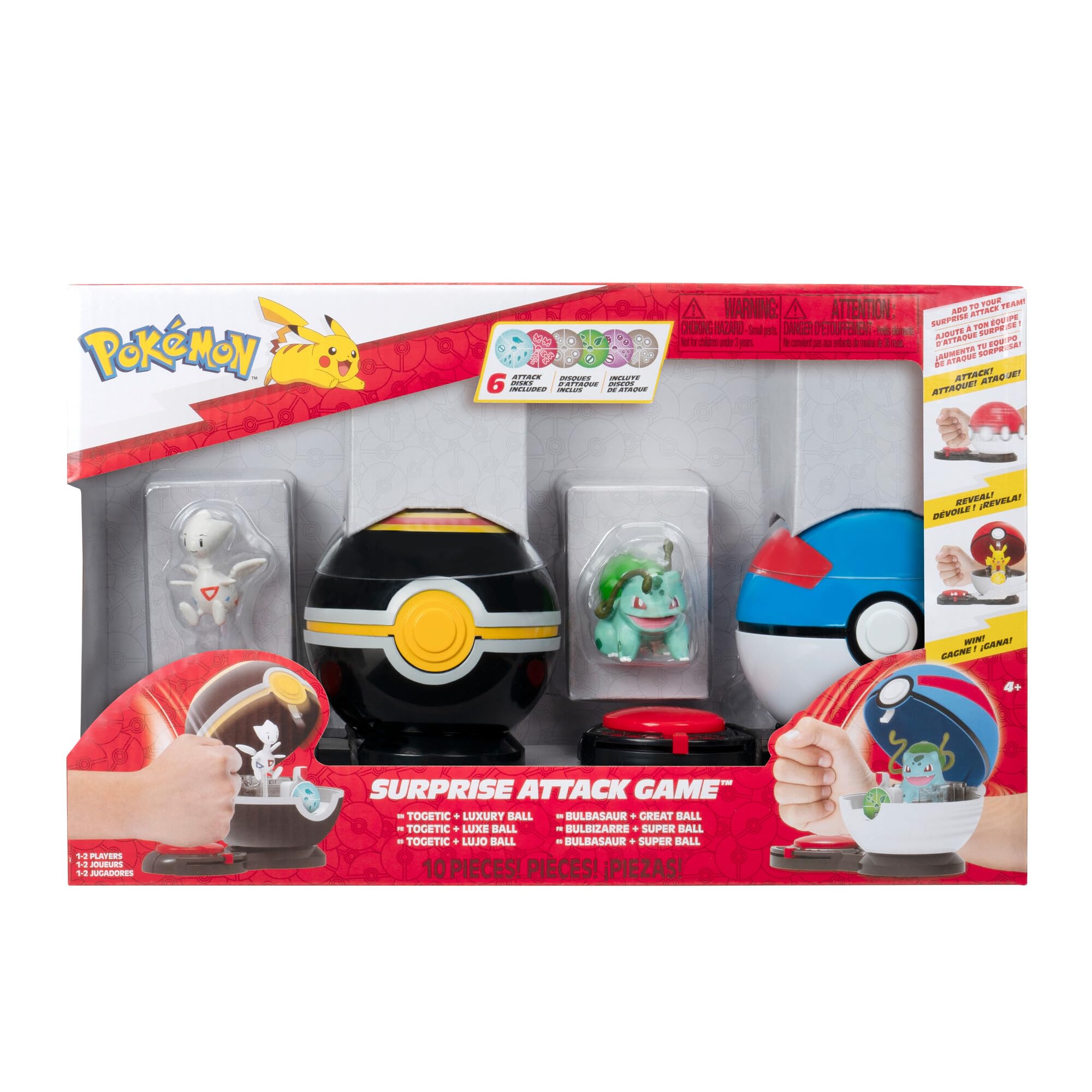 Pokémon Juego Surprise Attack Game Togetic with Stand & Bulbasaur #4 with Luxury Ball & Great Ball - Fairy, Flying, Poison, Grass Disks - W4