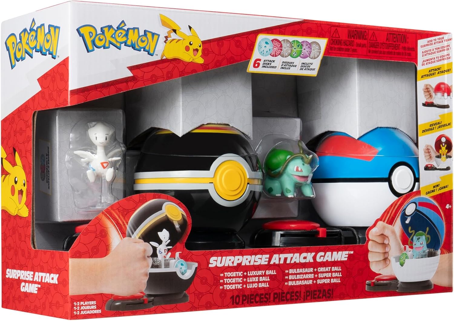 Pokémon Juego Surprise Attack Game Togetic with Stand & Bulbasaur #4 with Luxury Ball & Great Ball - Fairy, Flying, Poison, Grass Disks - W4