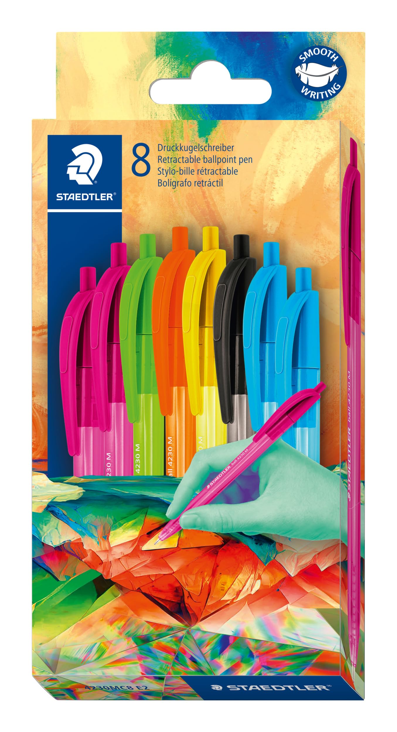 Staedtler Ball 4230C8E2-2 - Penna a sfera triangolare, larghezza linea M circa 1,00 mm, per scrittura rilassata, astuccio di cartone con 8 penne, colori assortiti, edizione Multiverse, 4230C8E2-2