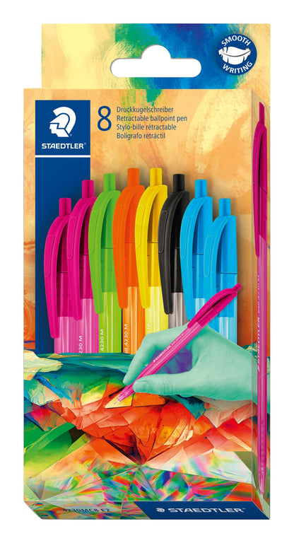 Staedtler Ball 4230C8E2-2 - Penna a sfera triangolare, larghezza linea M circa 1,00 mm, per scrittura rilassata, astuccio di cartone con 8 penne, colori assortiti, edizione Multiverse, 4230C8E2-2
