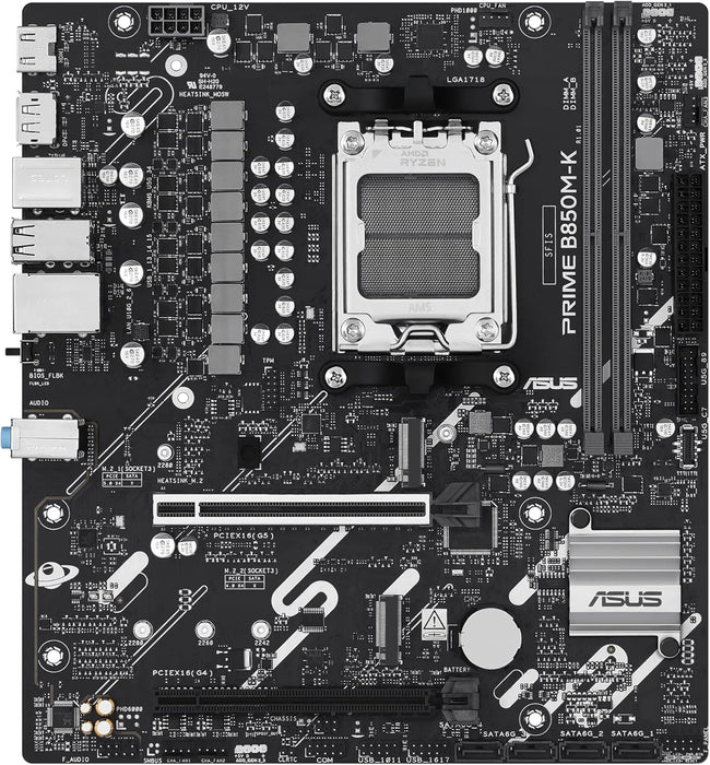 ASUS Prime B850M-K - Scheda madre AMD Micro-ATX, 8+2+1 fasi di alimentazione, DDR5, PCIe 5.0, 2 slot M.2, Ethernet Realtek 2,5 GB, DisplayPort, HDMI, USB-A 10 Gbps, USB-C 5 Gbps, Aura Sync