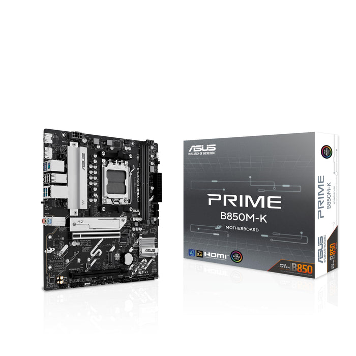 ASUS Prime B850M-K - Scheda madre AMD Micro-ATX, 8+2+1 fasi di alimentazione, DDR5, PCIe 5.0, 2 slot M.2, Ethernet Realtek 2,5 GB, DisplayPort, HDMI, USB-A 10 Gbps, USB-C 5 Gbps, Aura Sync