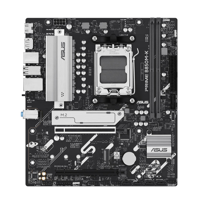 ASUS Prime B850M-K - Scheda madre AMD Micro-ATX, 8+2+1 fasi di alimentazione, DDR5, PCIe 5.0, 2 slot M.2, Ethernet Realtek 2,5 GB, DisplayPort, HDMI, USB-A 10 Gbps, USB-C 5 Gbps, Aura Sync