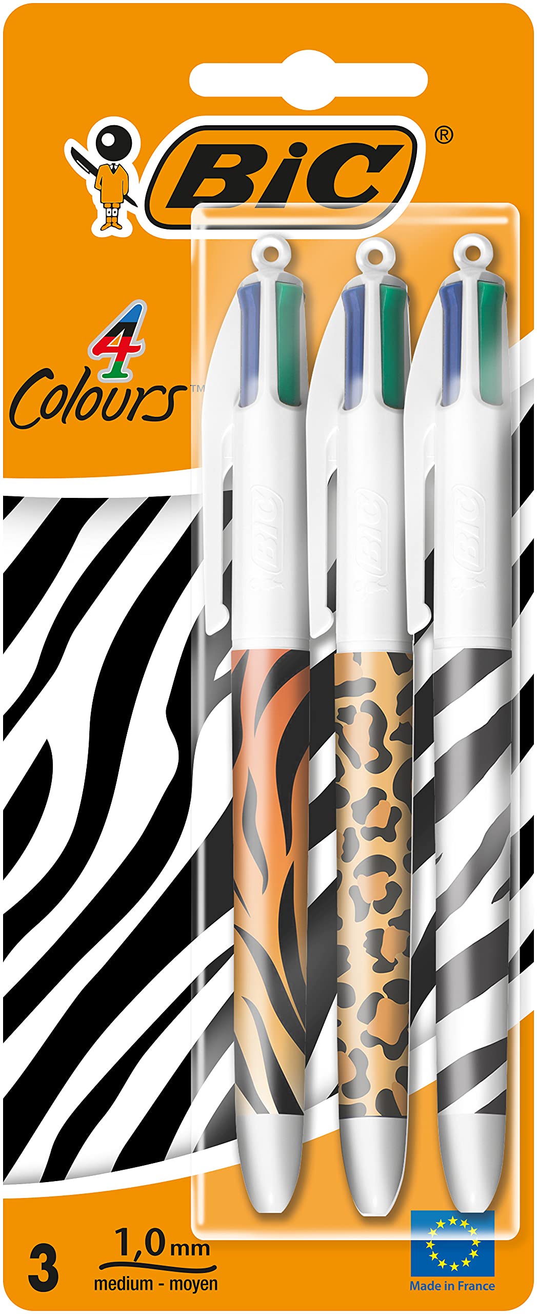 BIC Penne a sfera con stampa animalier, punta media (1,0 mm), motivo zebra, leopardo, tigre, confezione da 3 pezzi, multicolore, 999850