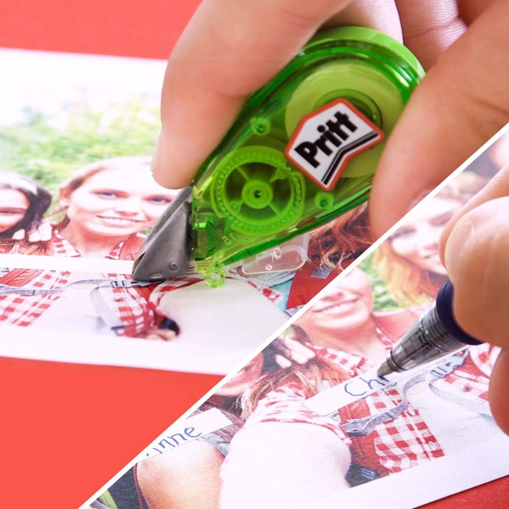 Pritt Micro Roller, Correttore a nastro per correggere ogni errore, Bianchetto a nastro antimacchia mini, Cancellino a nastro dal design colorato in blu, verde e rosa, Confezione da 3 (5mmx6m
