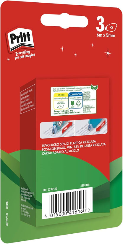 Pritt Micro Roller, Correttore a nastro per correggere ogni errore, Bianchetto a nastro antimacchia mini, Cancellino a nastro dal design colorato in blu, verde e rosa, Confezione da 3 (5mmx6m