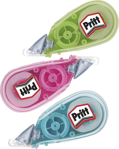 Pritt Micro Roller, Correttore a nastro per correggere ogni errore, Bianchetto a nastro antimacchia mini, Cancellino a nastro dal design colorato in blu, verde e rosa, Confezione da 3 (5mmx6m