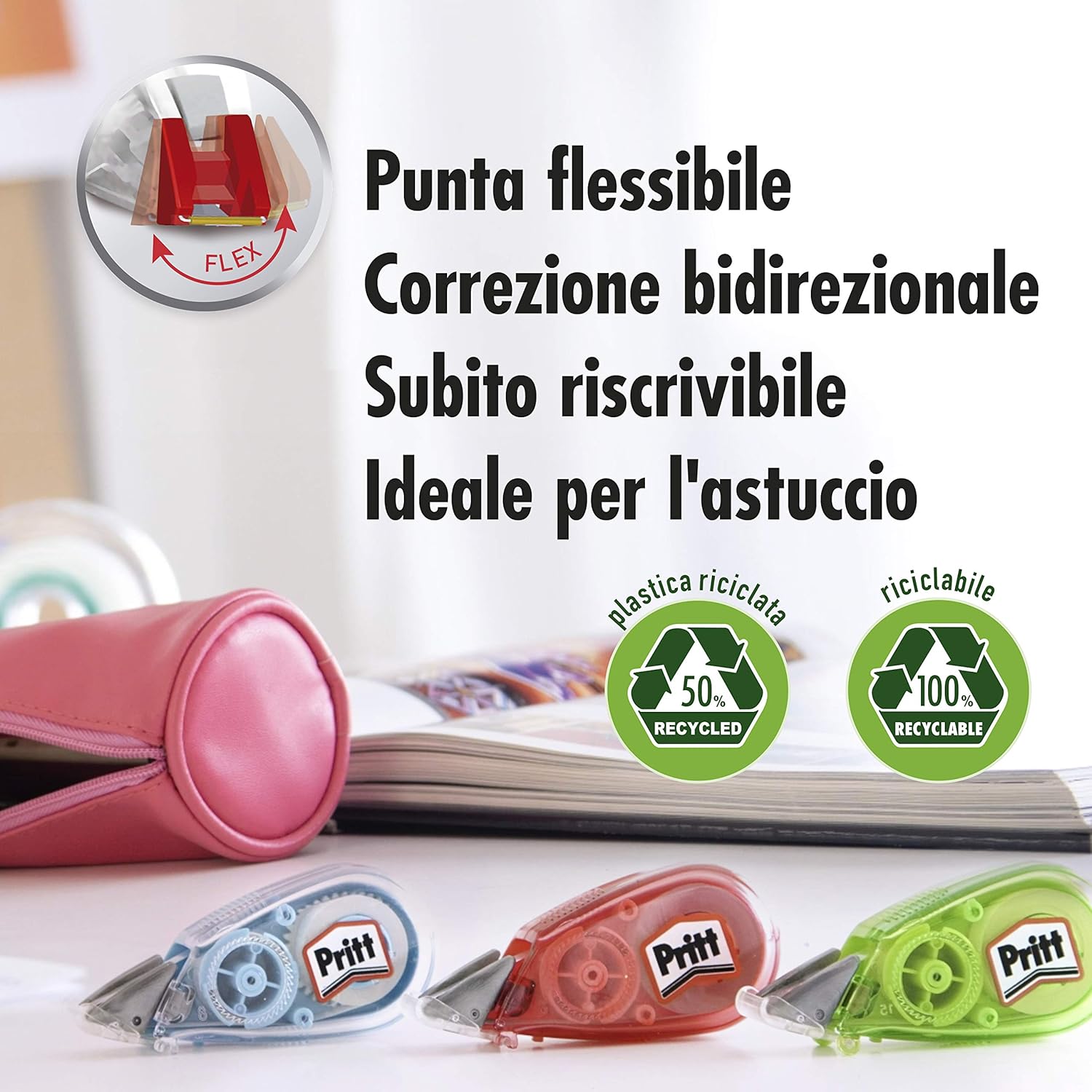 Pritt Micro Roller, Correttore a nastro per correggere ogni errore, Bianchetto a nastro antimacchia mini, Cancellino a nastro dal design colorato in blu, verde e rosa, Confezione da 3 (5mmx6m