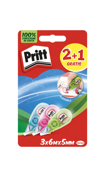 Pritt Micro Roller, Correttore a nastro per correggere ogni errore, Bianchetto a nastro antimacchia mini, Cancellino a nastro dal design colorato in blu, verde e rosa, Confezione da 3 (5mmx6m