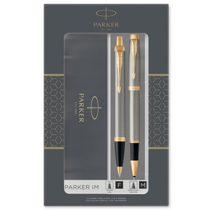 Parker - Im Duo Gift Set With Ballpoint Pen & Rollerball Pen - Brushed Metal With Gold Trim