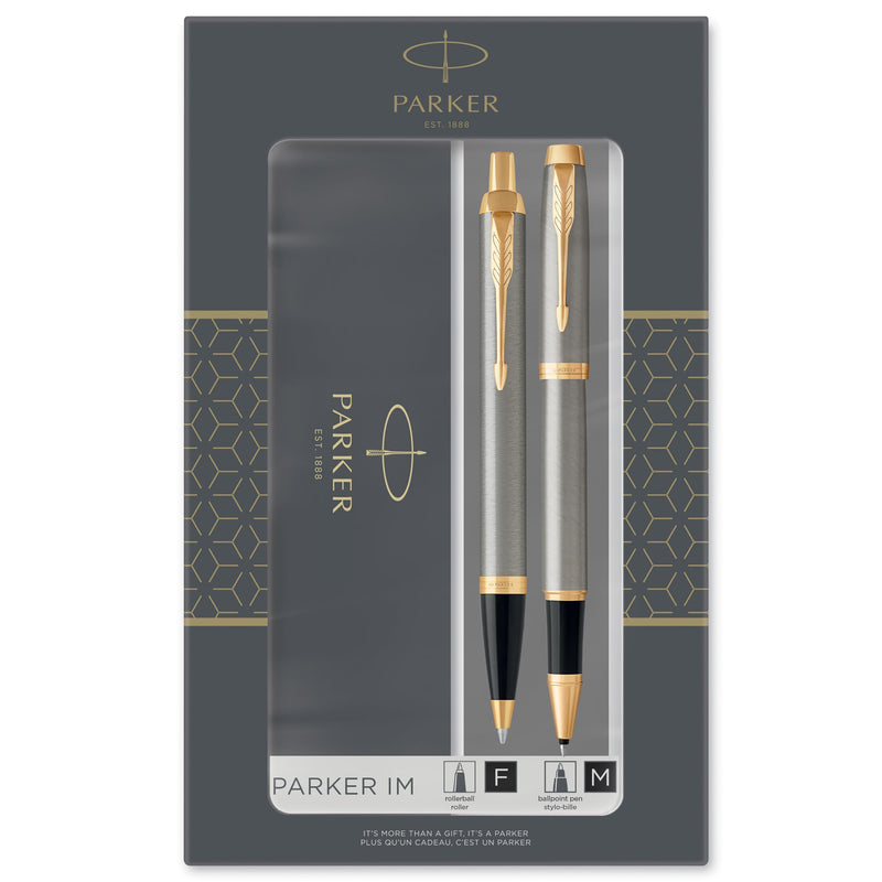 Parker - Im Duo Gift Set With Ballpoint Pen & Rollerball Pen - Brushed Metal With Gold Trim