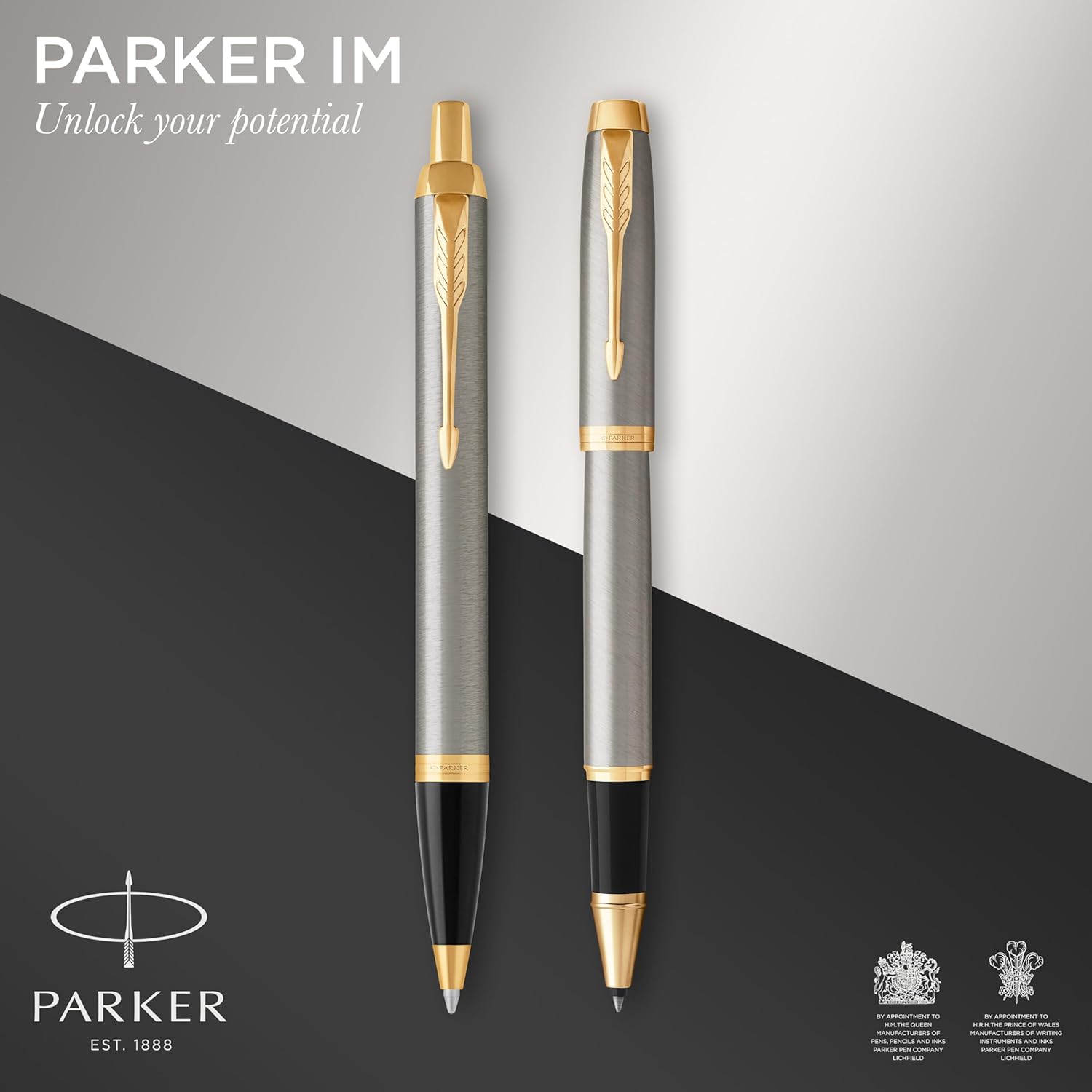 Parker - Im Duo Gift Set With Ballpoint Pen & Rollerball Pen - Brushed Metal With Gold Trim
