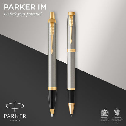 Parker - Im Duo Gift Set With Ballpoint Pen & Rollerball Pen - Brushed Metal With Gold Trim