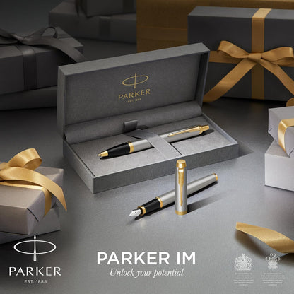 Parker - Im Duo Gift Set With Ballpoint Pen & Rollerball Pen - Brushed Metal With Gold Trim