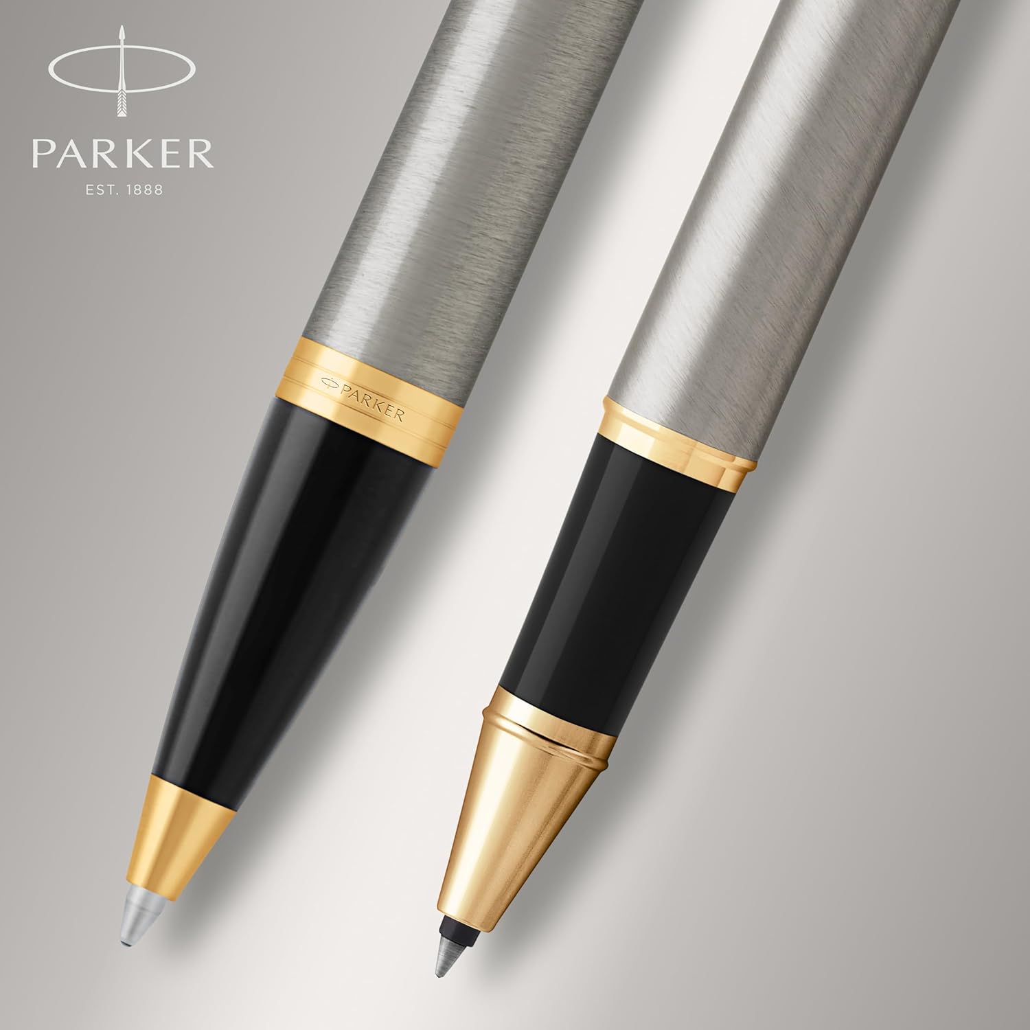 Parker - Im Duo Gift Set With Ballpoint Pen & Rollerball Pen - Brushed Metal With Gold Trim