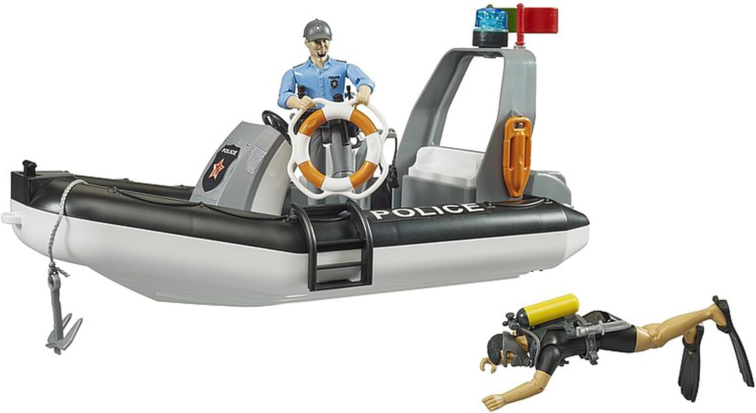 bruder 62733 - bworld politie opblaasboot met politieagenten, duikers en toebehoren, reddingsdienst, politieboot waterspeelgoed