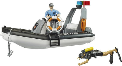 bruder 62733 - bworld politie opblaasboot met politieagenten, duikers en toebehoren, reddingsdienst, politieboot waterspeelgoed