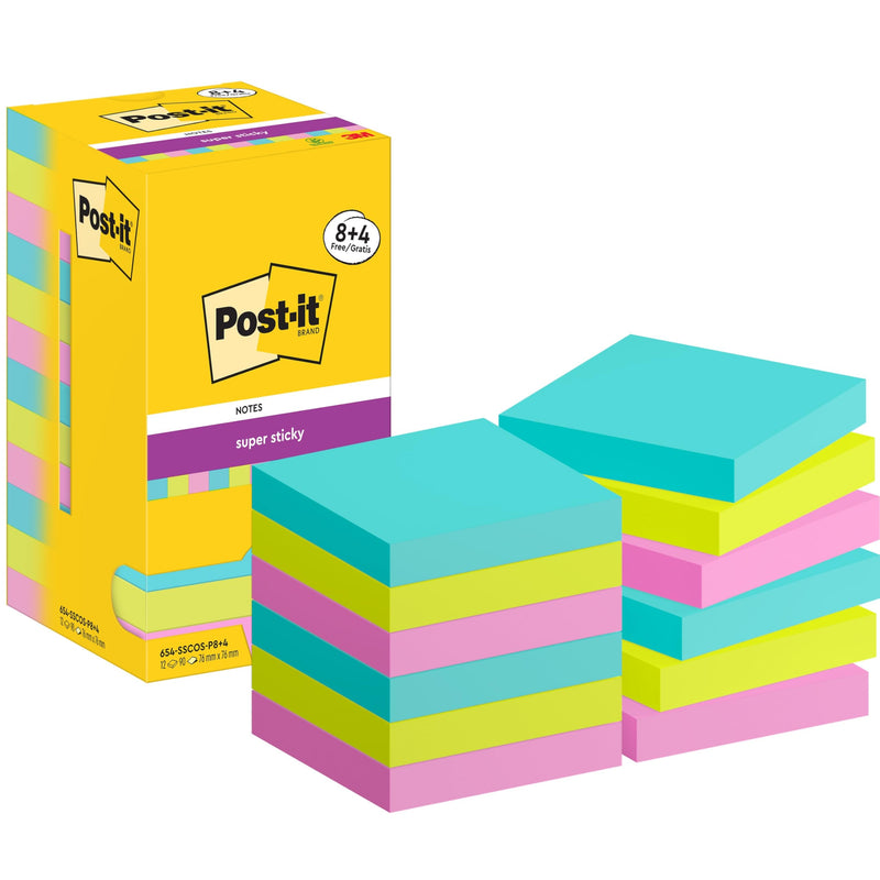 Post-it Super Sticky Notes Cosmic Color Collection, 8 Pads + 4 Free, 90 Sheets per Pad, 76 mm x 76 mm, Turquoise, Green, Pink Colors - Extra Sticky Notes for Note Taking, to Do Lists & Reminders