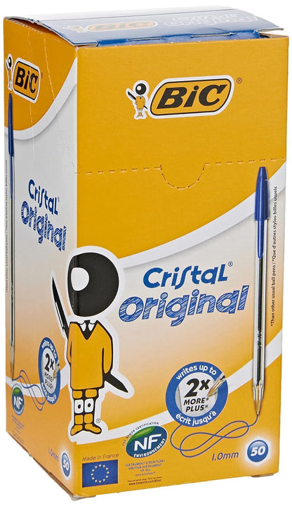 BIC Cristal Original Ballpoint Pens, Medium Point (1.0 mm) Every-Day Writing Pens with Clear Barrel, Blue, Box of 50