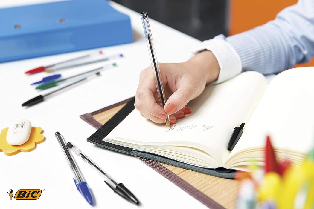 BIC Cristal Original Ballpoint Pens, Medium Point (1.0 mm) Every-Day Writing Pens with Clear Barrel, Blue, Box of 50