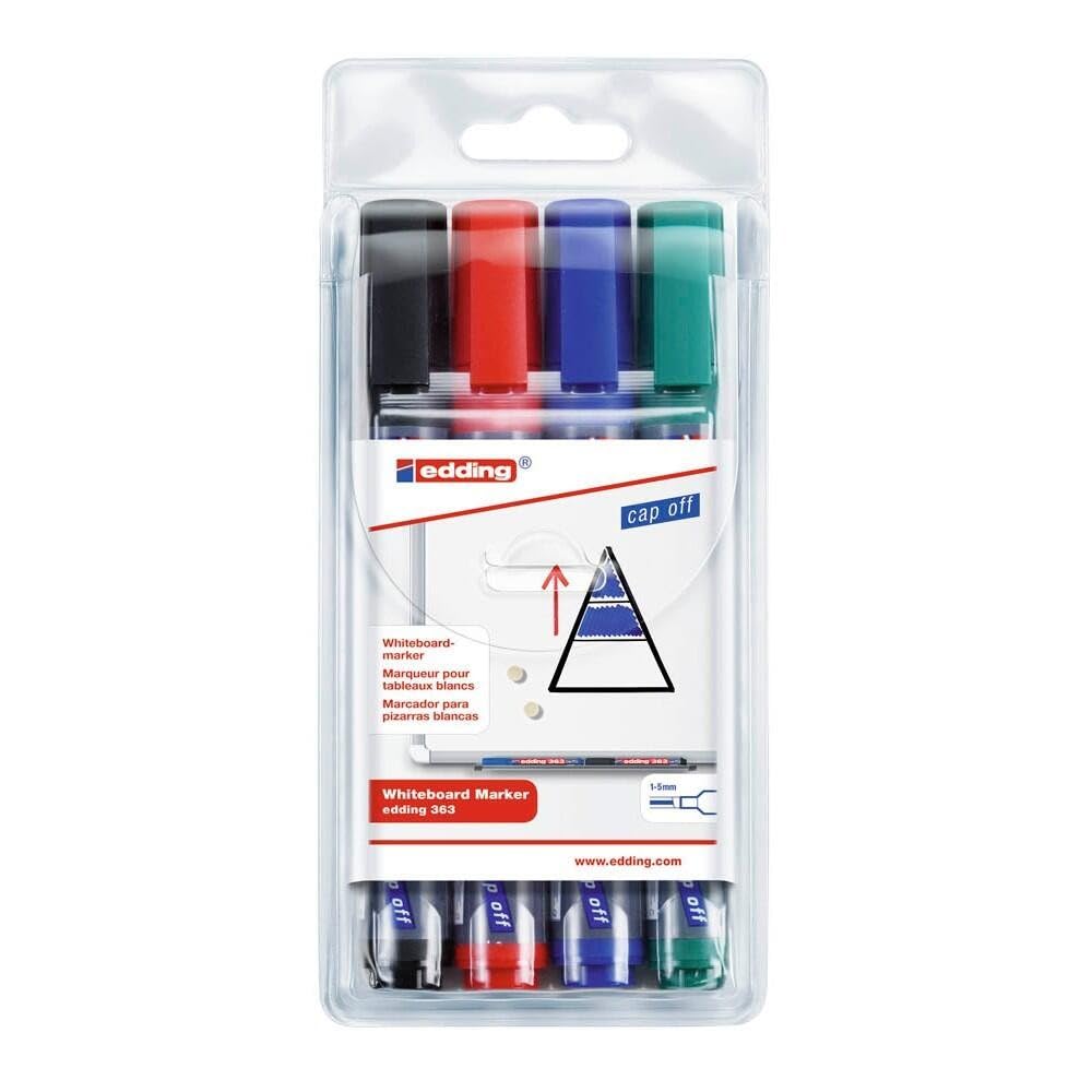 edding 363 marcador para pizarras blancas - multicolor - juego de 4 rotuladores - punta biselada 1-5 mm - rotulador para pizarra blanca, borrado en seco - flipchart, tablón de notas - recargable